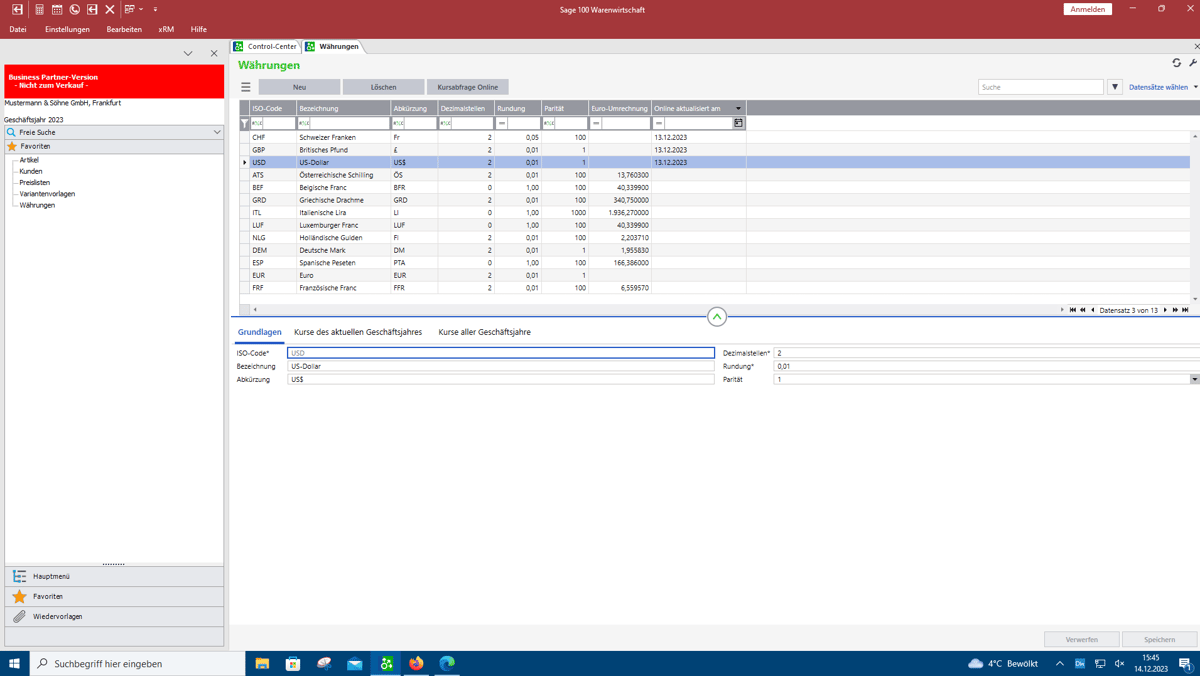 Screenshot Währungen